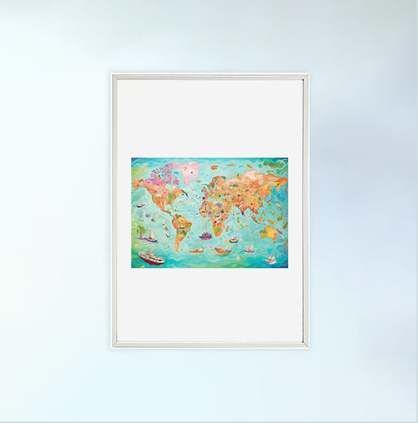 世界地図のアートポスター白フレームあり