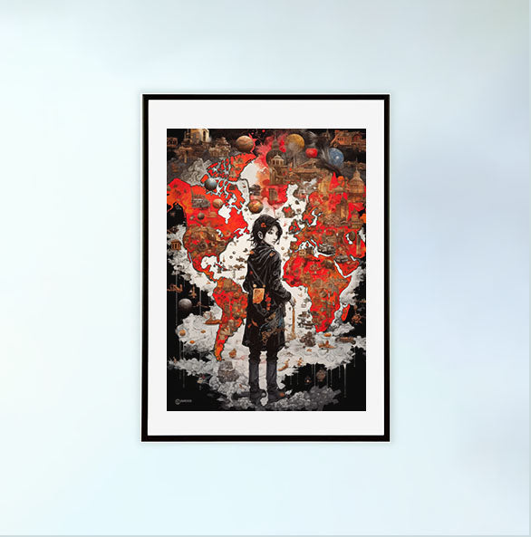 世界地図のアートポスター黒フレームあり