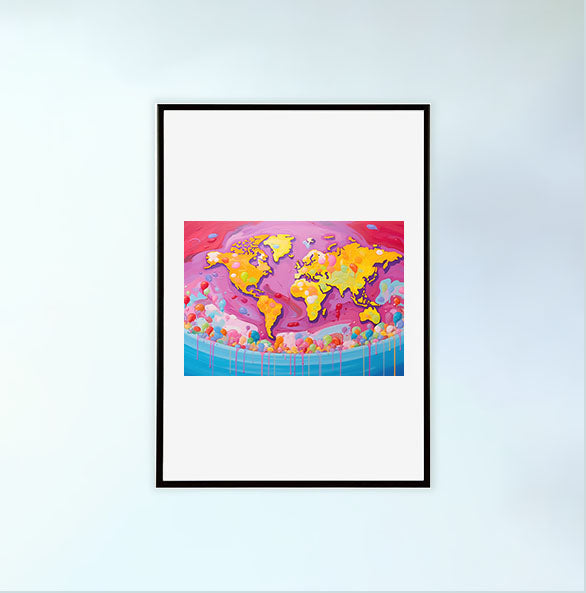 世界地図のアートポスター黒フレームあり