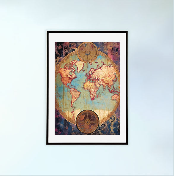 世界地図のアートポスター黒フレームあり