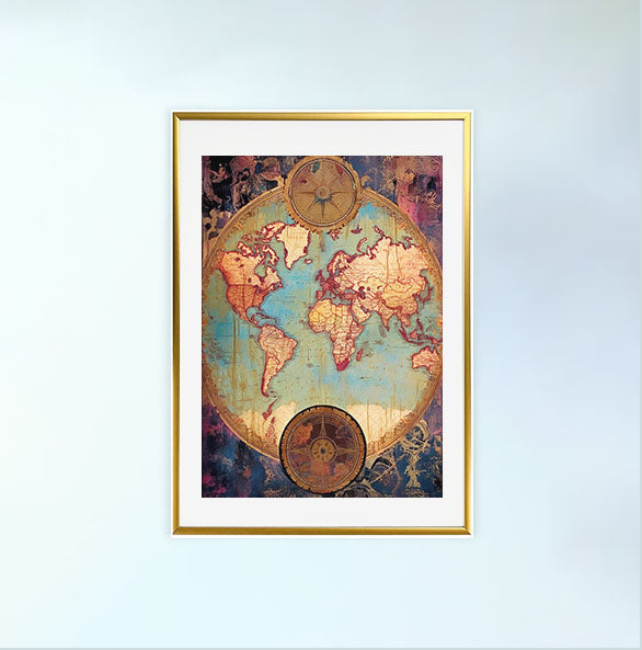 世界地図のアートポスター金フレームあり