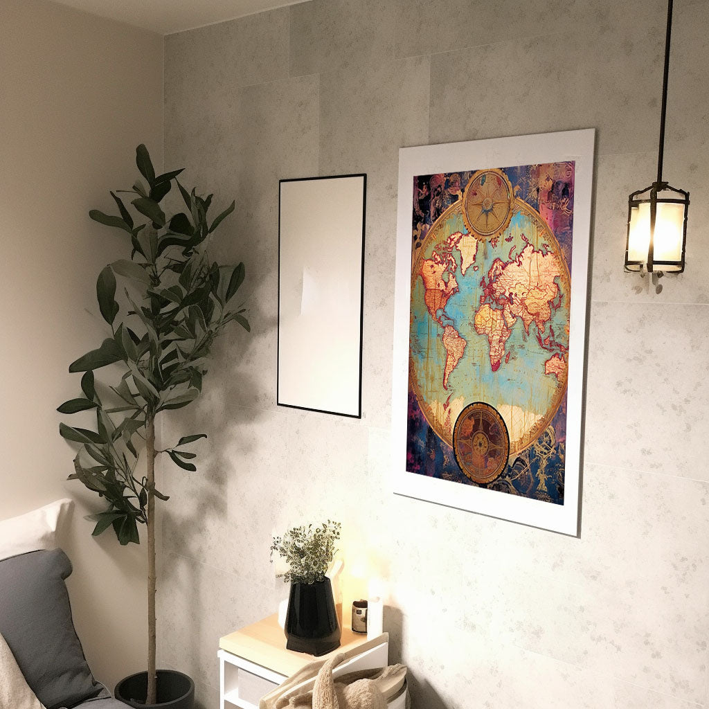 世界地図のアートポスター廊下配置イメージ