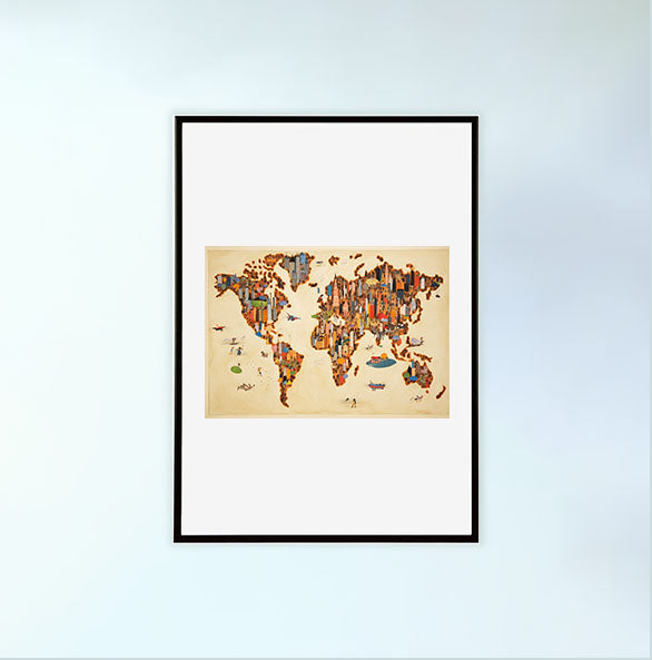 世界地図のアートポスター黒フレームあり