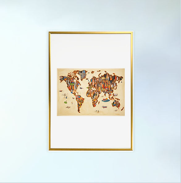 世界地図のアートポスター金フレームあり