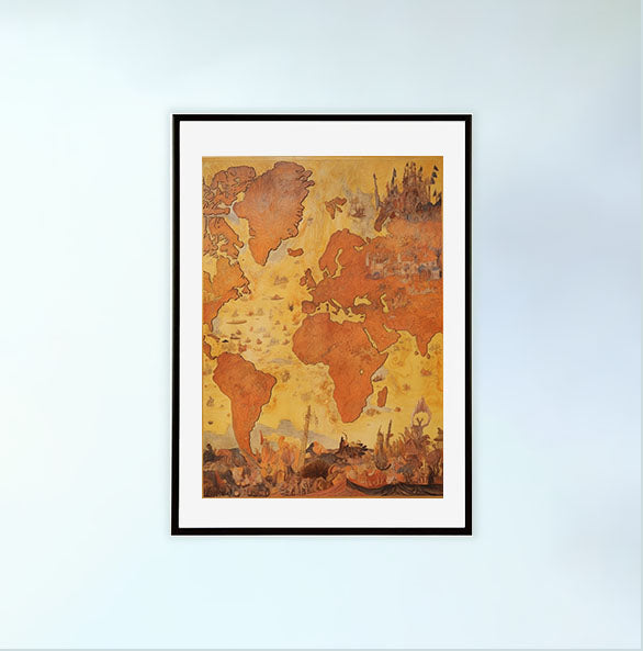 世界地図のアートポスター黒フレームあり