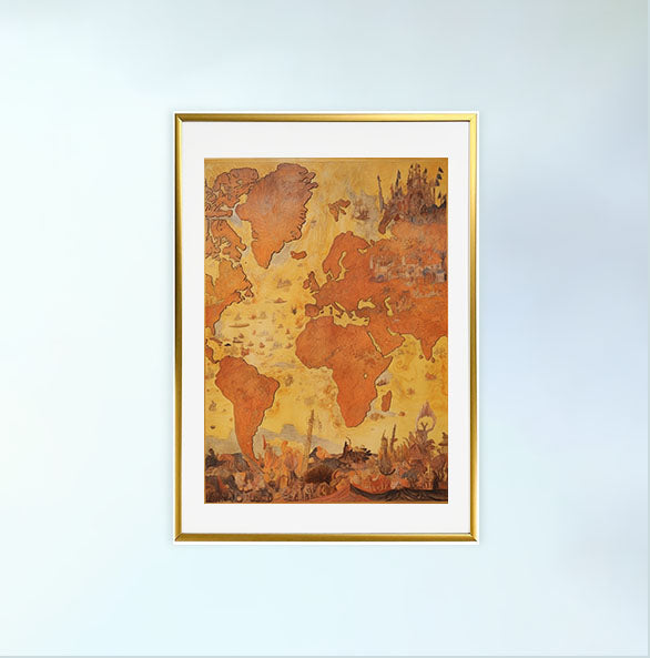世界地図のアートポスター金フレームあり