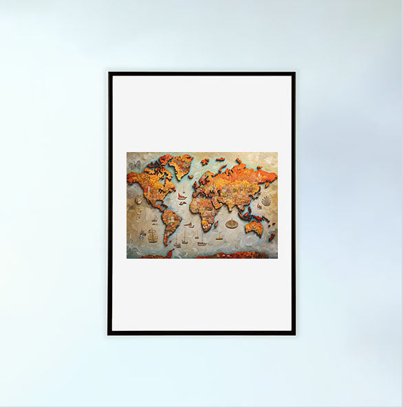 世界地図のアートポスター黒フレームあり