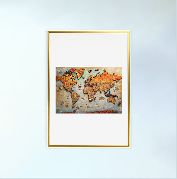 世界地図のアートポスター金フレームあり