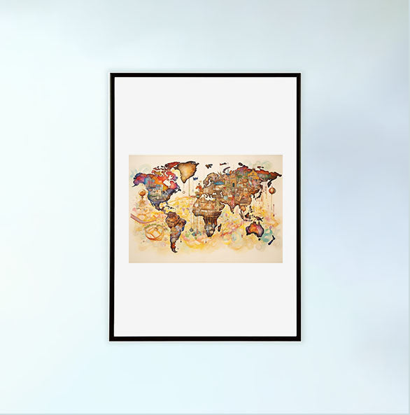 世界地図のアートポスター黒フレームあり