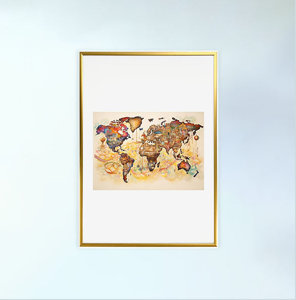 世界地図のアートポスター金フレームあり
