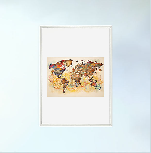 世界地図のアートポスター銀フレームあり
