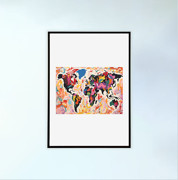 世界地図のアートポスター黒フレームあり