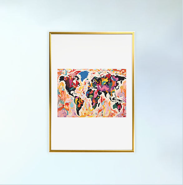 世界地図のアートポスター金フレームあり