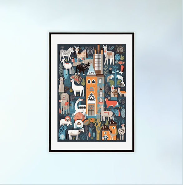 動物園のアートポスター黒フレームあり