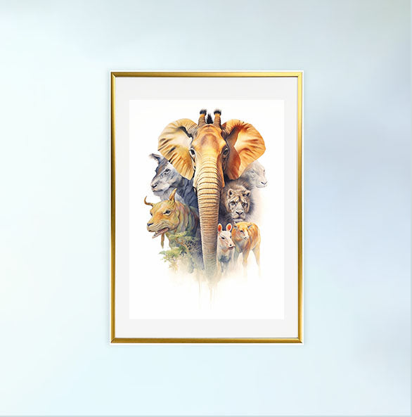 アフリカの動物のアートポスター金フレームあり