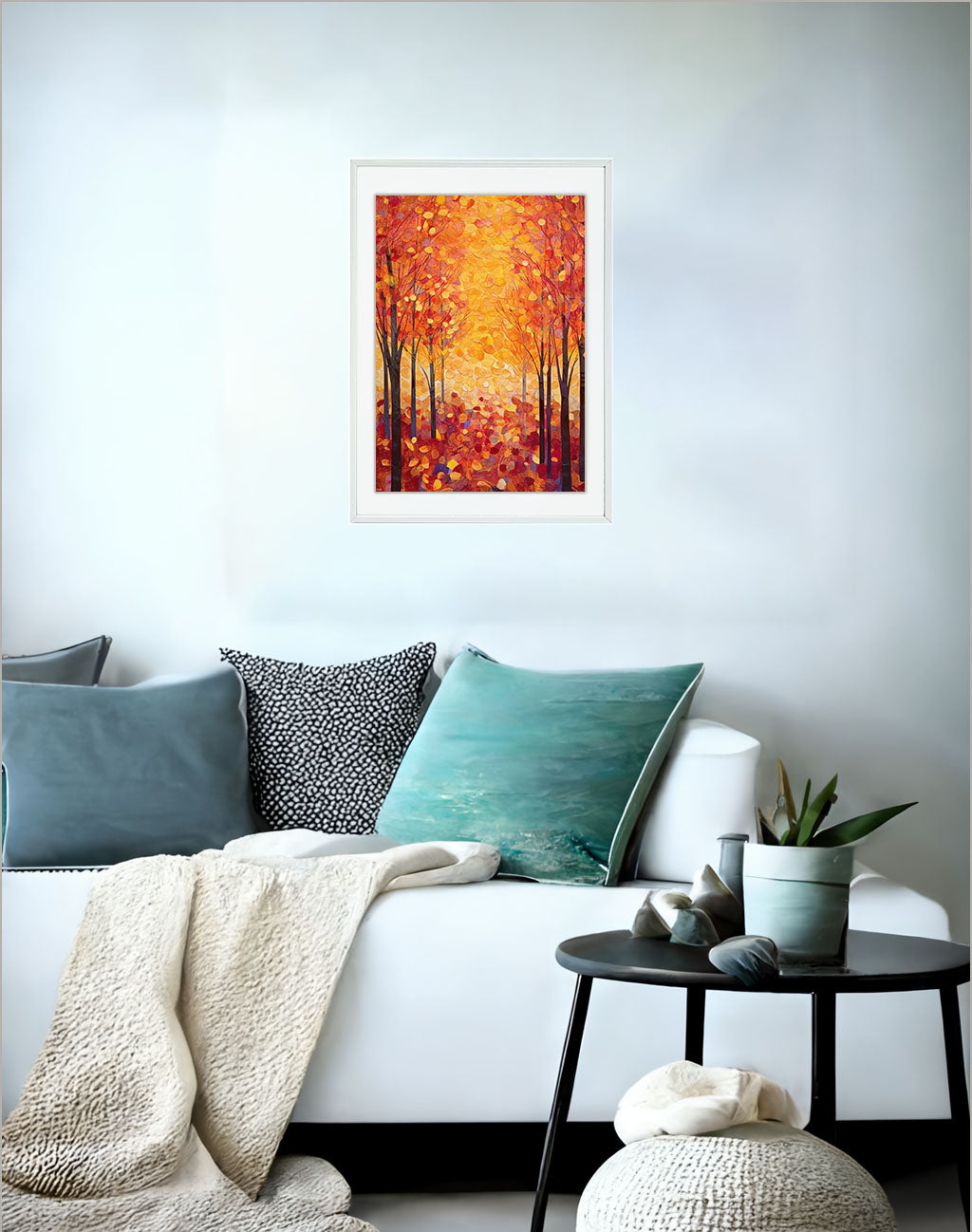 秋の紅葉のアートポスターソファ配置イメージ