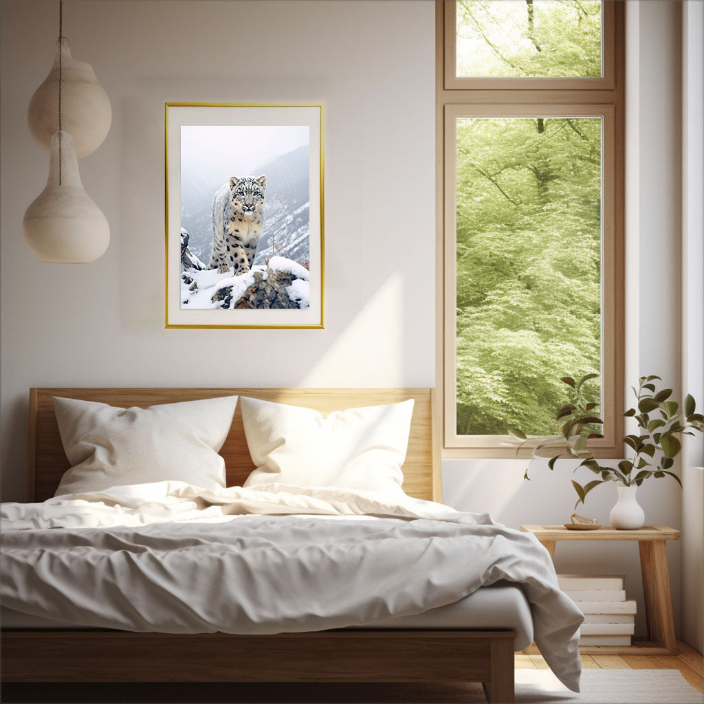 エルーシブ・スノーレオパードのアートポスター寝室配置イメージ