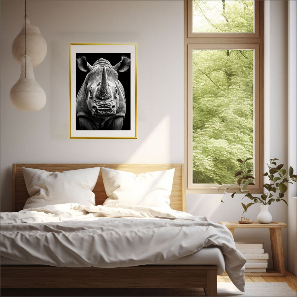 絶滅危惧種サイのアートポスター寝室配置イメージ