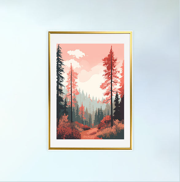 森林の木々のアートポスター金フレームあり
