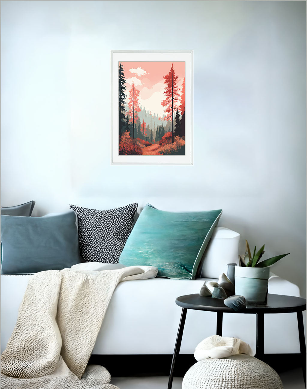 森林の木々のアートポスターソファ配置イメージ
