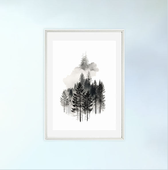 森林の木々のアートポスター白フレームあり