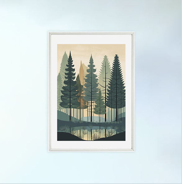 森林の木々のアートポスター白フレームあり