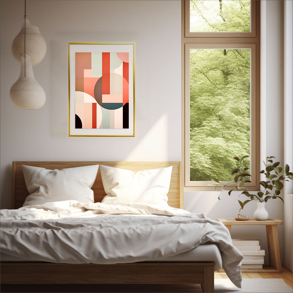 調和のとれたコントラストのアートポスター寝室配置イメージ