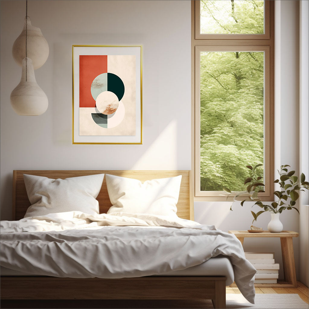 調和のとれたコントラストのアートポスター寝室配置イメージ