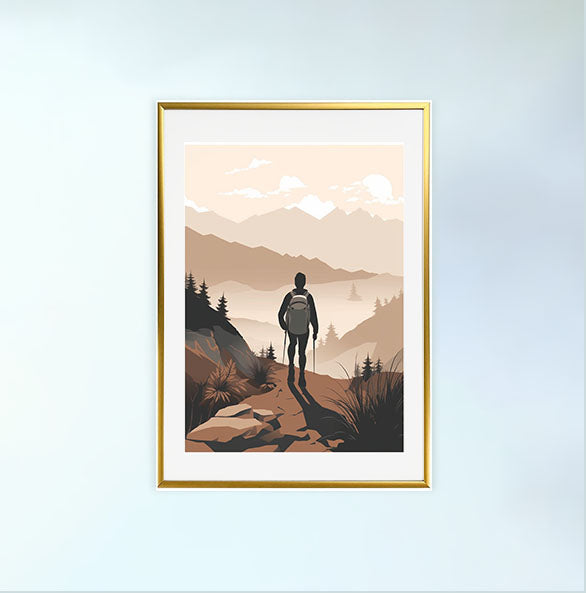 ハイキングの景色のアートポスター金フレームあり