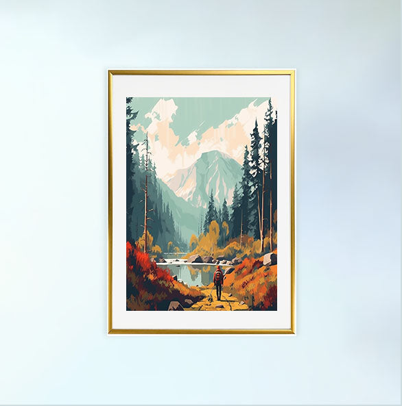 ハイキングの景色のアートポスター金フレームあり