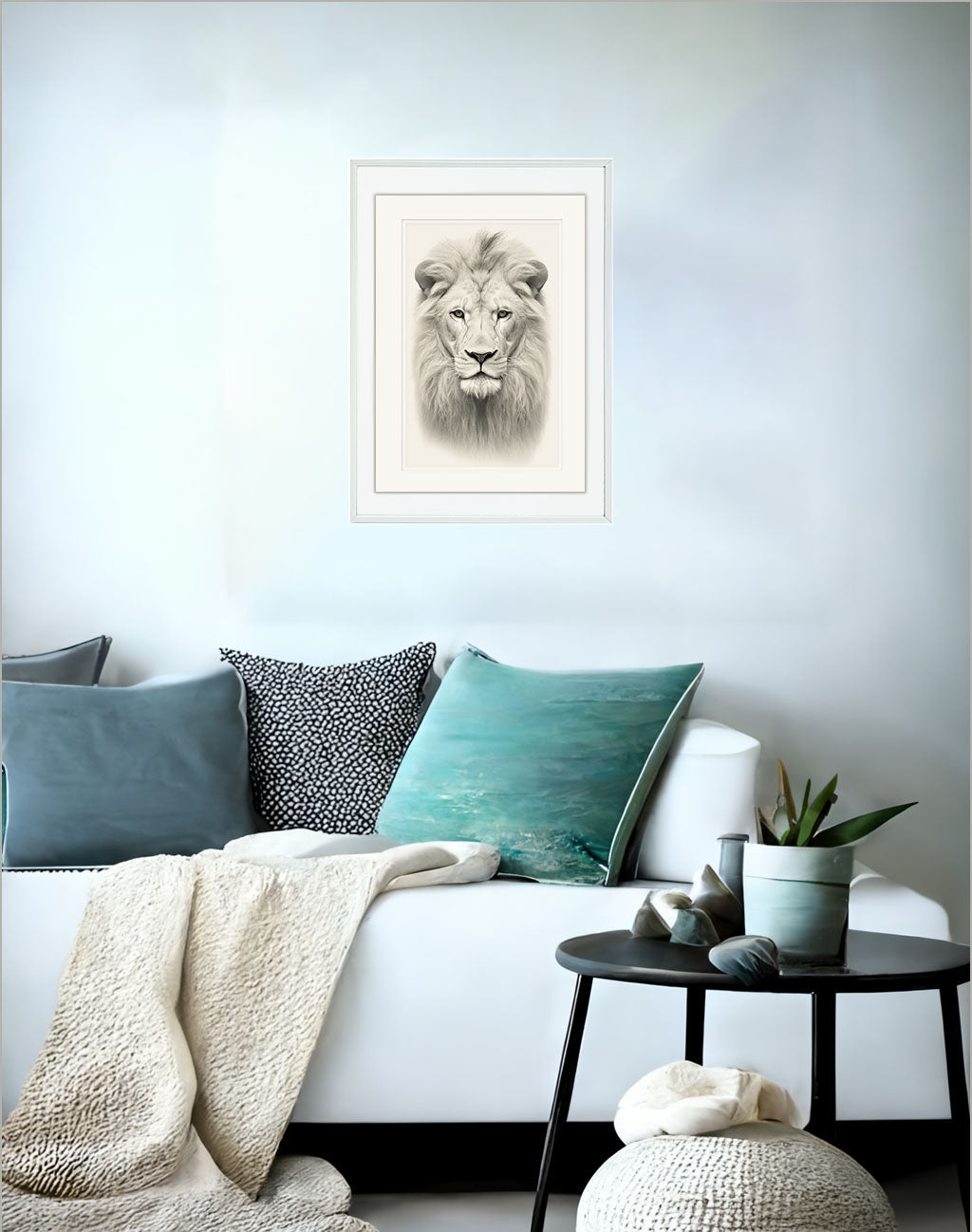 マジェスティックライオンのアートポスターソファ配置イメージ