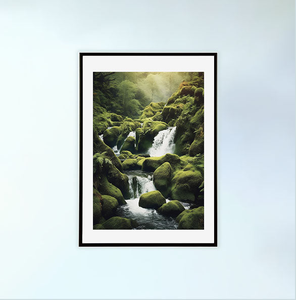 原始的な滝のアートポスター黒フレームあり