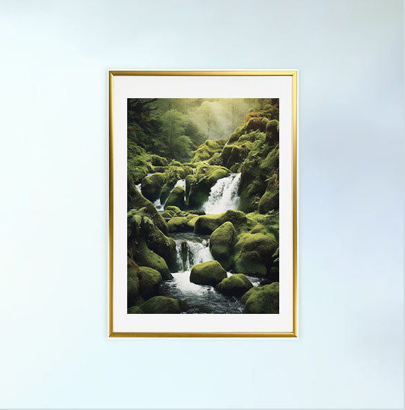 原始的な滝のアートポスター金フレームあり