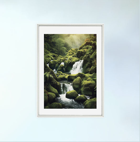 原始的な滝のアートポスター銀フレームあり
