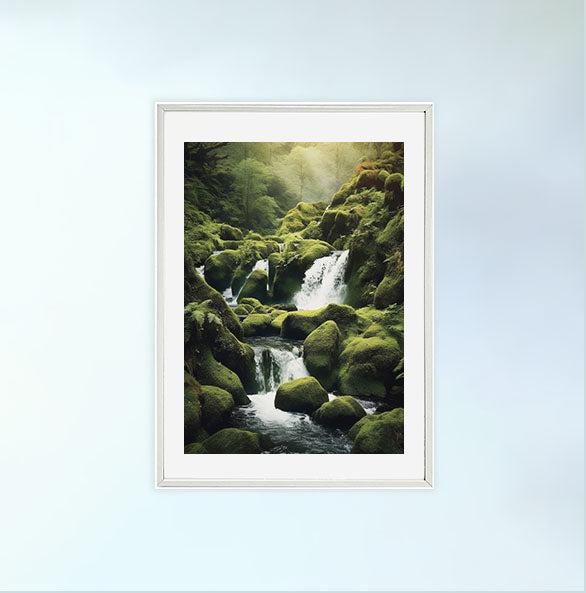 原始的な滝のアートポスター白フレームあり