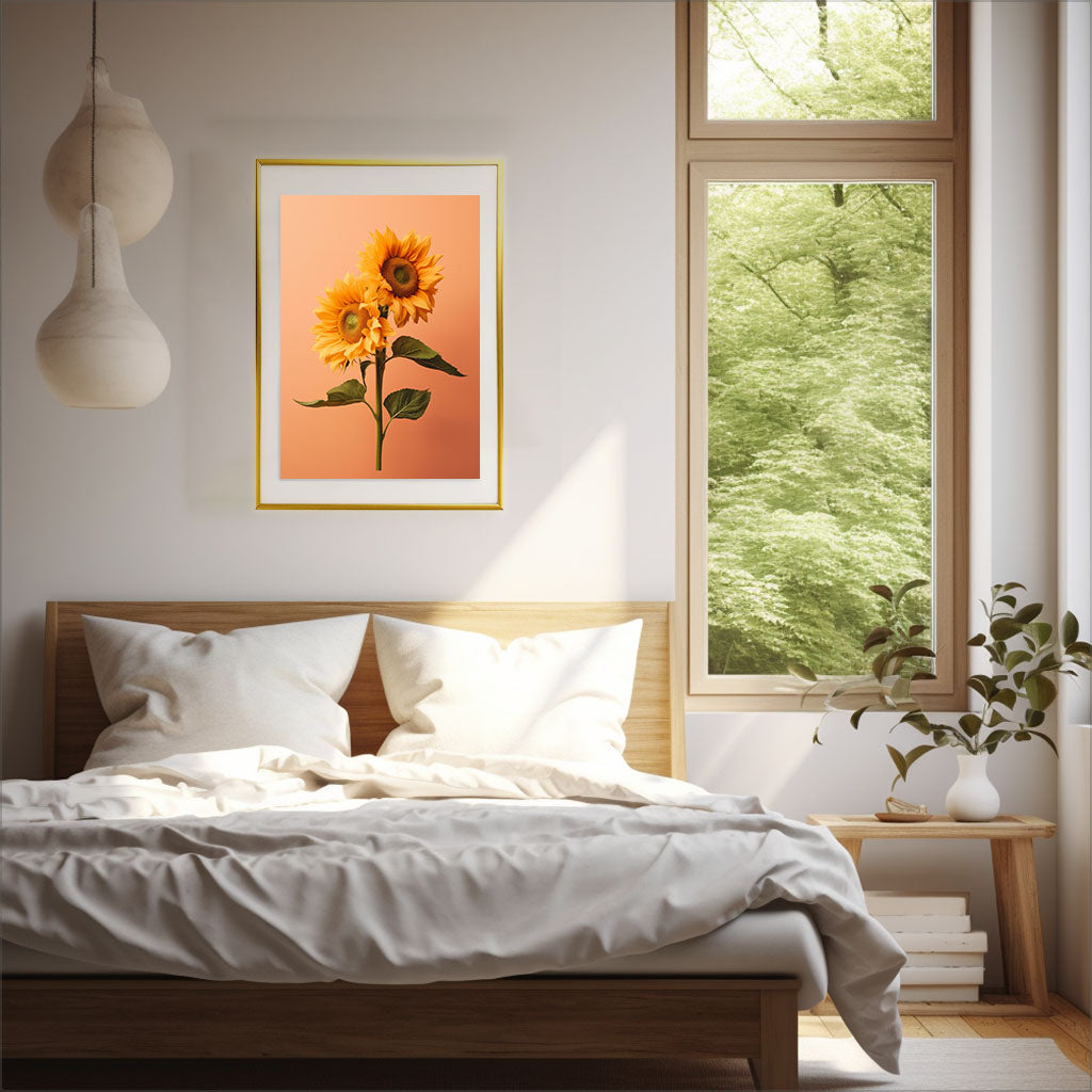 放射状に広がるひまわりのアートポスター寝室配置イメージ