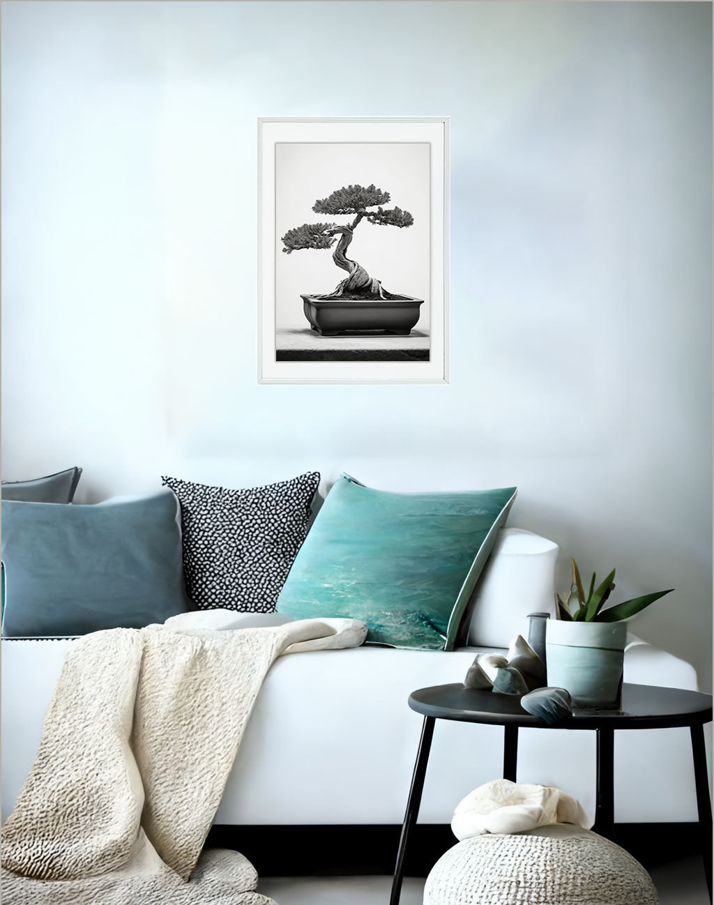 セレーネ盆栽のアートポスターソファ配置イメージ