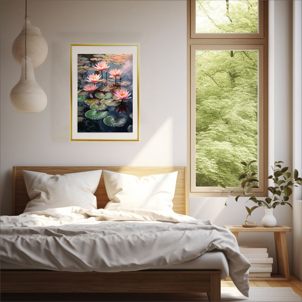静謐な百合の池のアートポスター寝室配置イメージ
