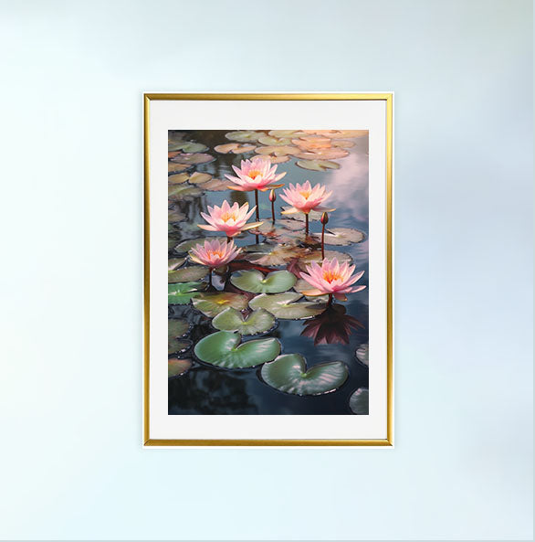 静謐な百合の池のアートポスター金フレームあり