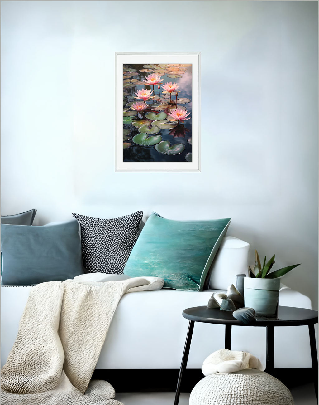 静謐な百合の池のアートポスターソファ配置イメージ