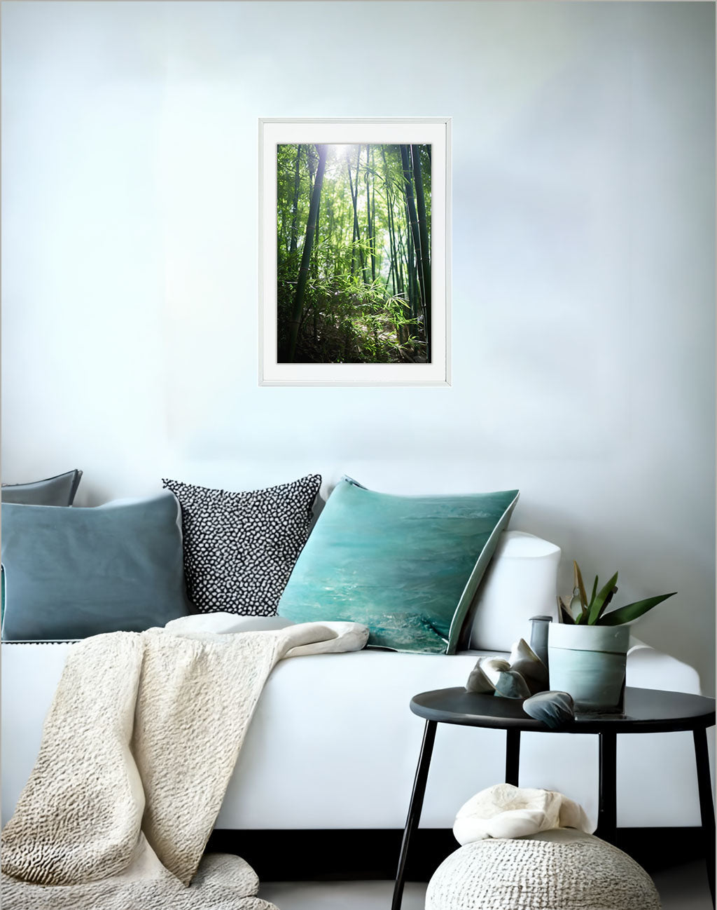 静かな竹林のアートポスターソファ配置イメージ