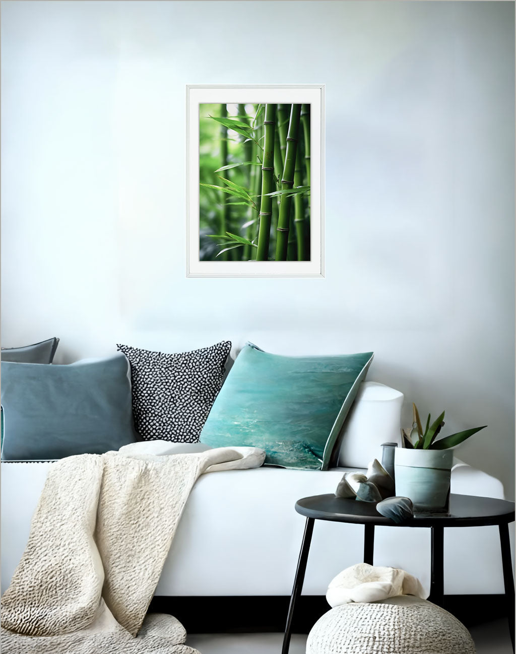 静かな竹林のアートポスターソファ配置イメージ