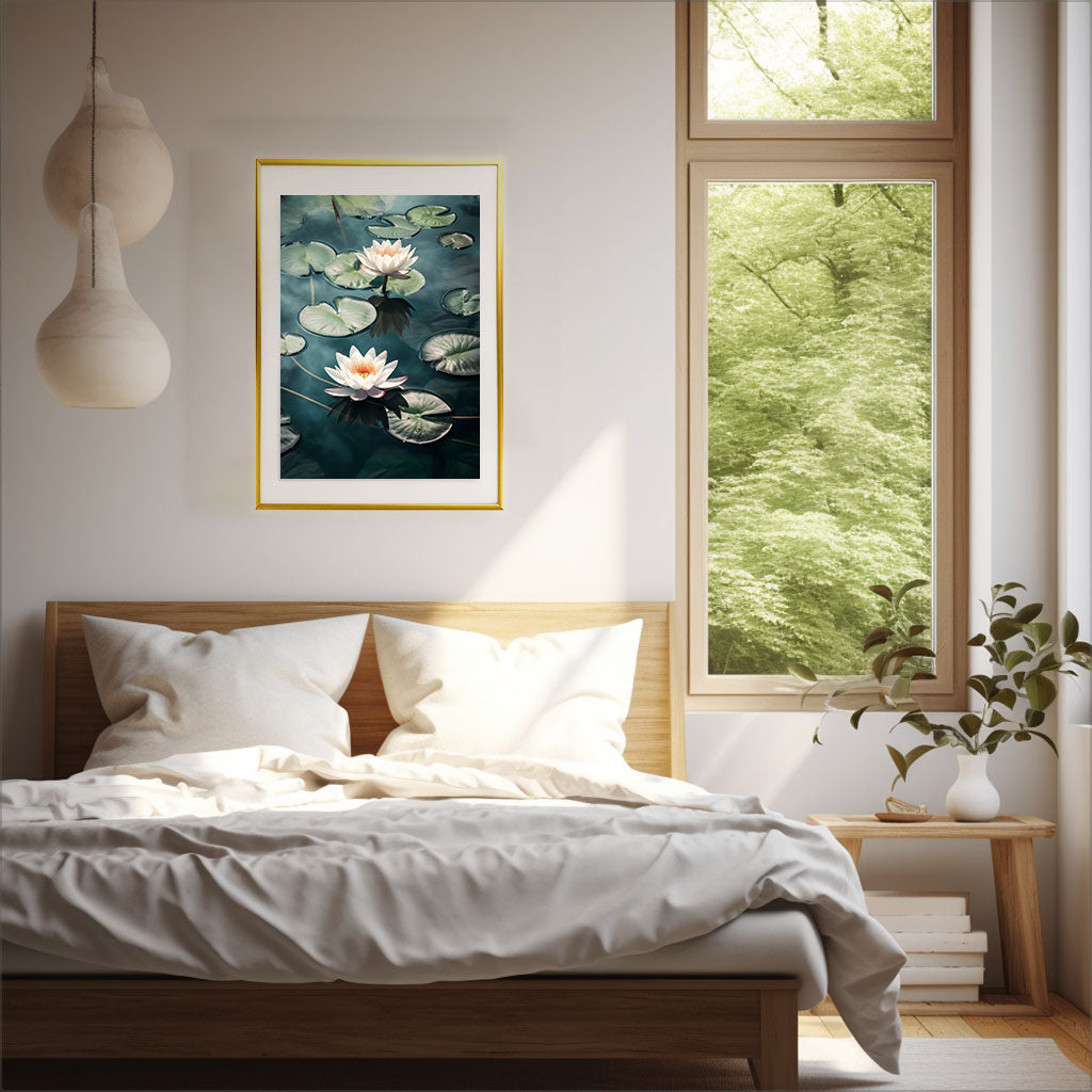 静謐な睡蓮のアートポスター寝室配置イメージ