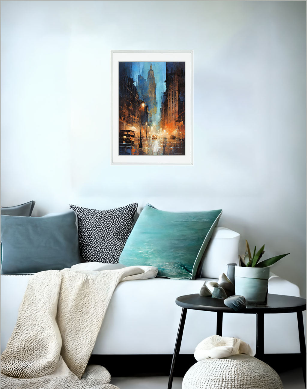 都市の夜景のアートポスターソファ配置イメージ