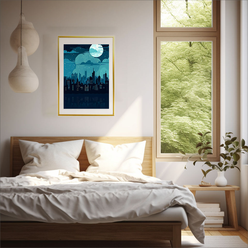 都市の夜景のアートポスター寝室配置イメージ