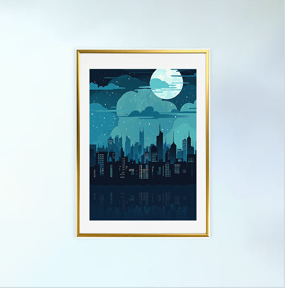 都市の夜景のアートポスター金フレームあり