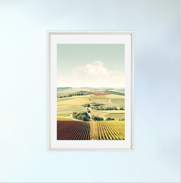 ボルドーのワイン畑のアートポスター白フレームあり