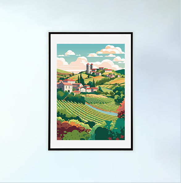 ボルドーのワイン畑のアートポスター黒フレームあり