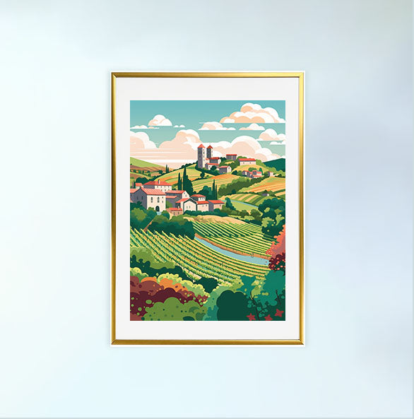 ボルドーのワイン畑のアートポスター金フレームあり