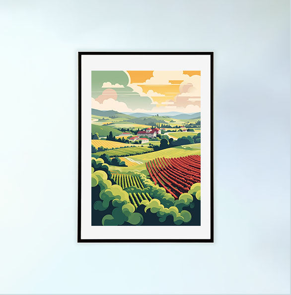ボルドーのワイン畑のアートポスター黒フレームあり
